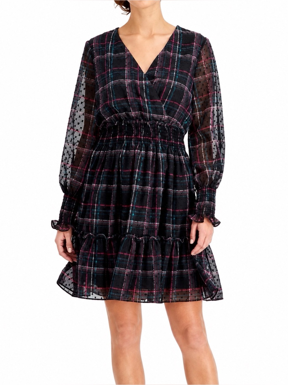 Taylor Plaid Swiss Dot Smocked Waist Mini‎ Dress